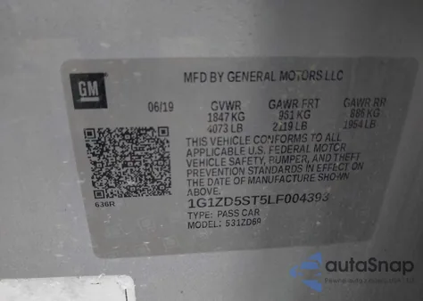 2020 Chevrolet Malibu Fwd Lt z USA, uszkodzony, nr VIN 1G1ZD5ST5LF004393